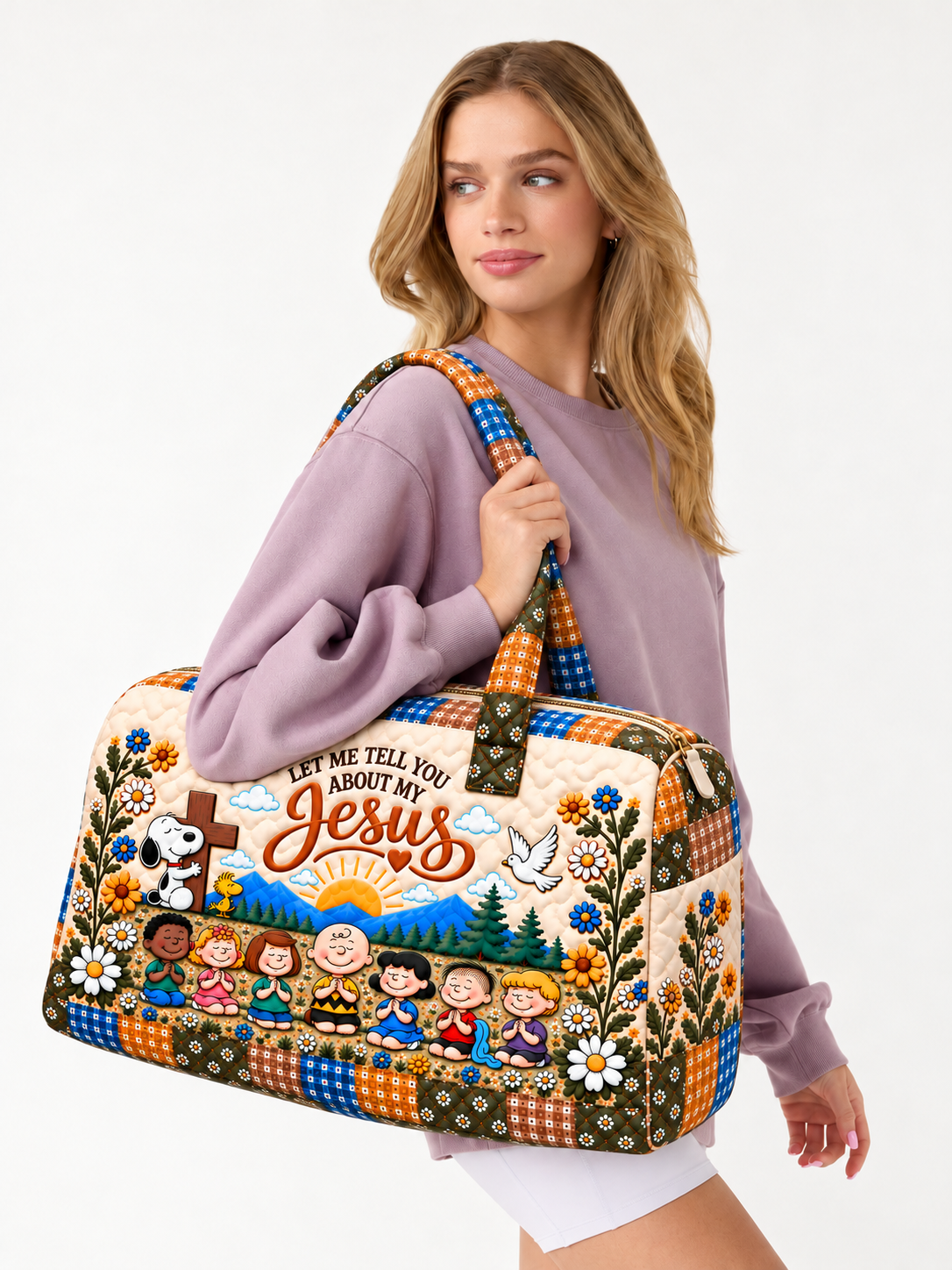 Let Me Tell You About My Jesus Gift For Her - Personalized Quilted Duffle Bag