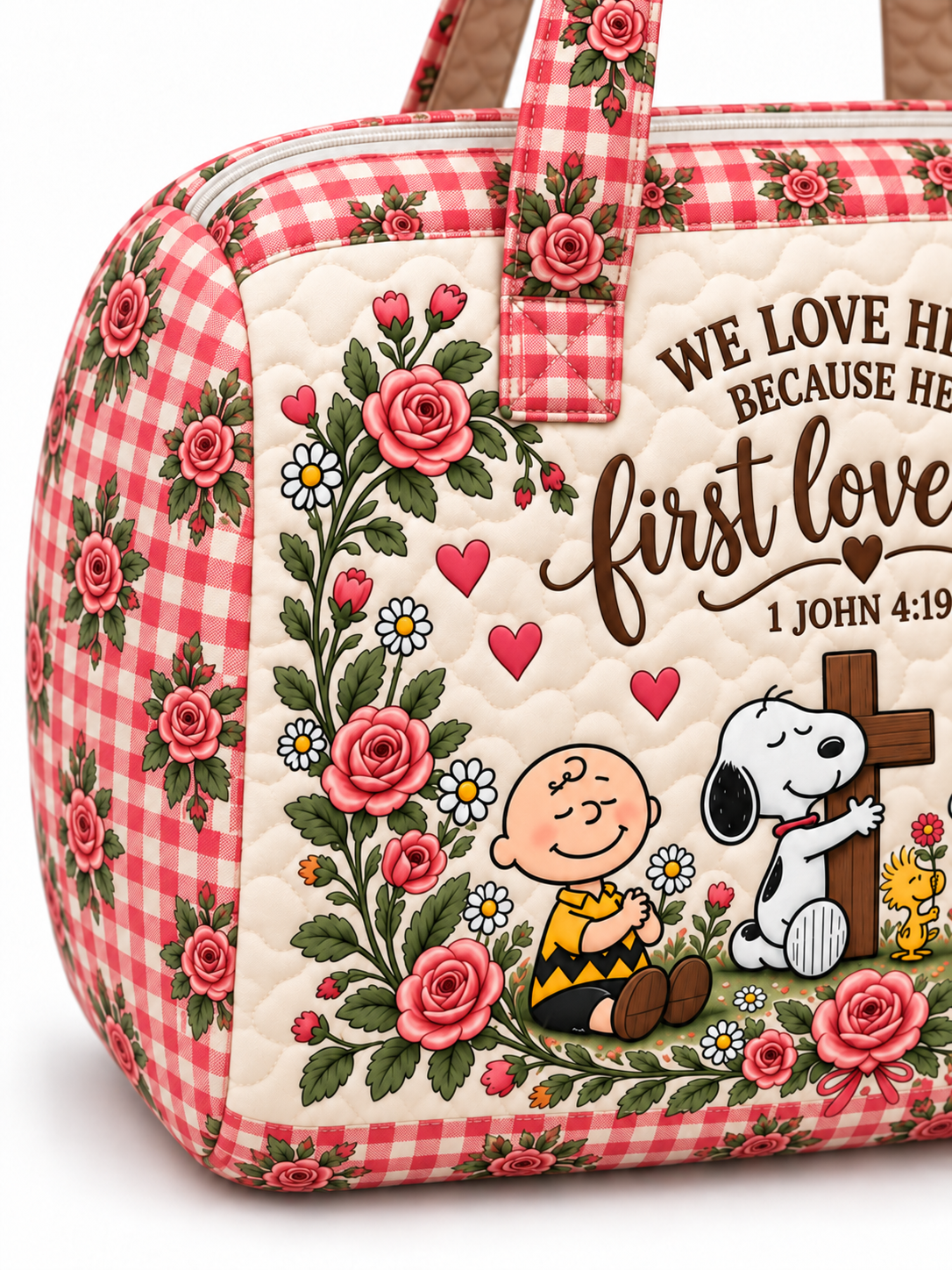 He First Loved Us 1 John 4:19 Christian Gift For Her - Personalized Quilted Duffle Bag