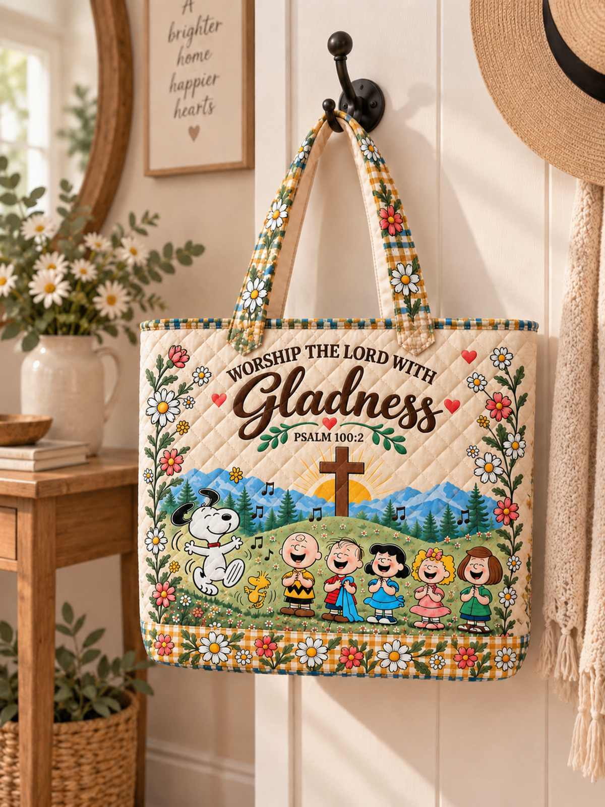 Worship The Lord With Gladness Psalm 100:2 Gift For Her - Personalized Quilted Tote Bag
