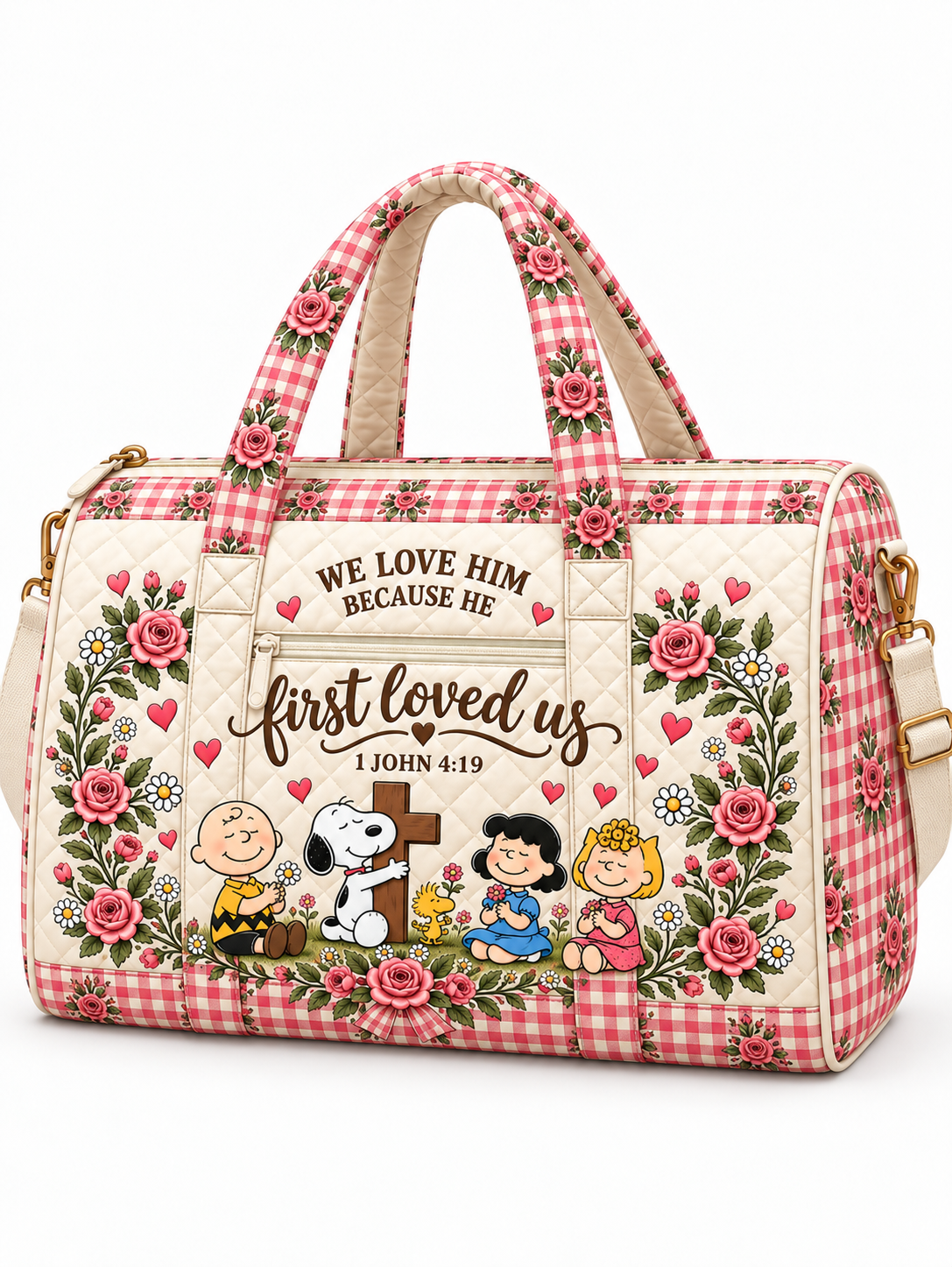 He First Loved Us 1 John 4:19 Christian Gift For Her - Personalized Quilted Duffle Bag