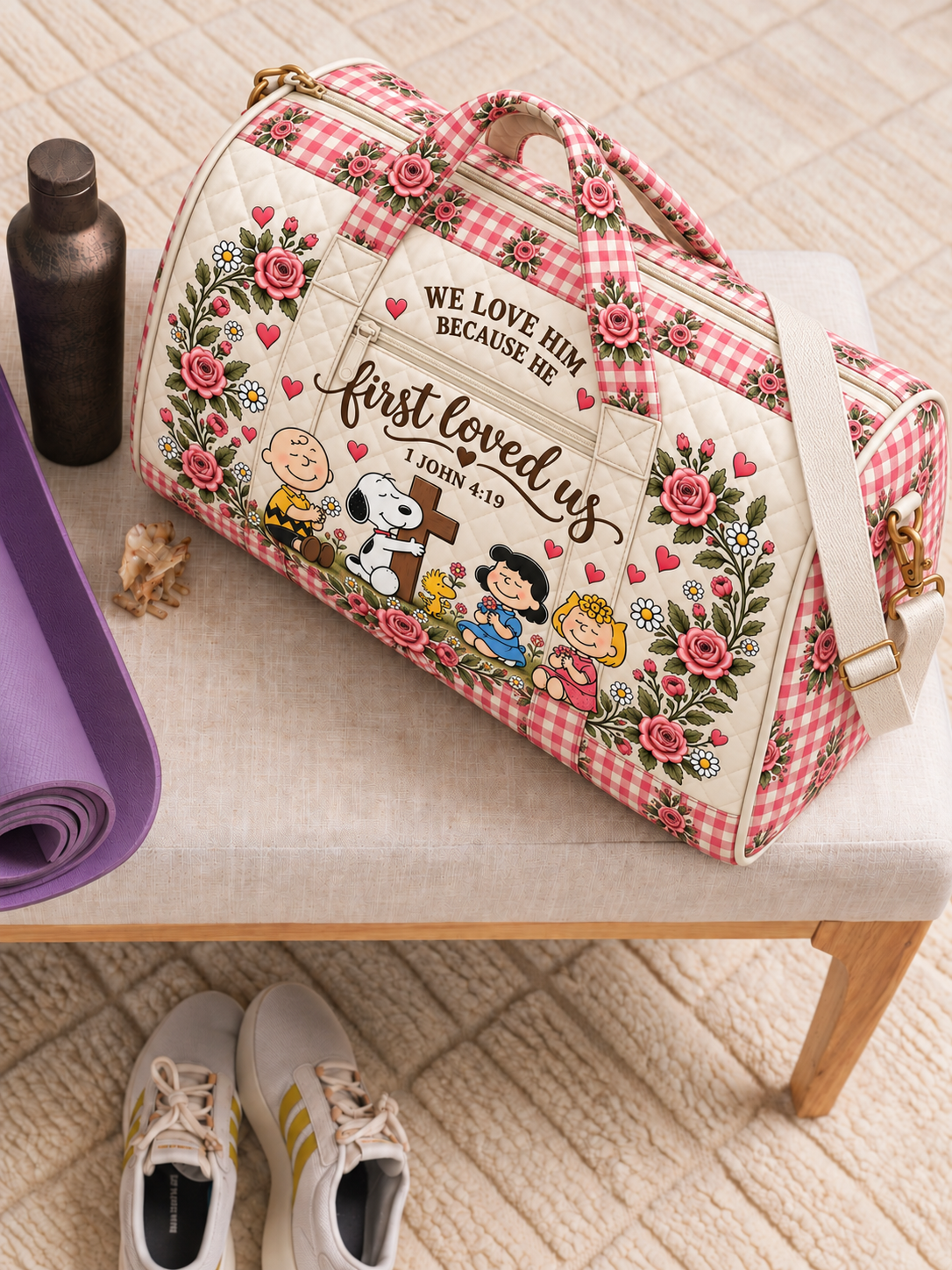 He First Loved Us 1 John 4:19 Christian Gift For Her - Personalized Quilted Duffle Bag