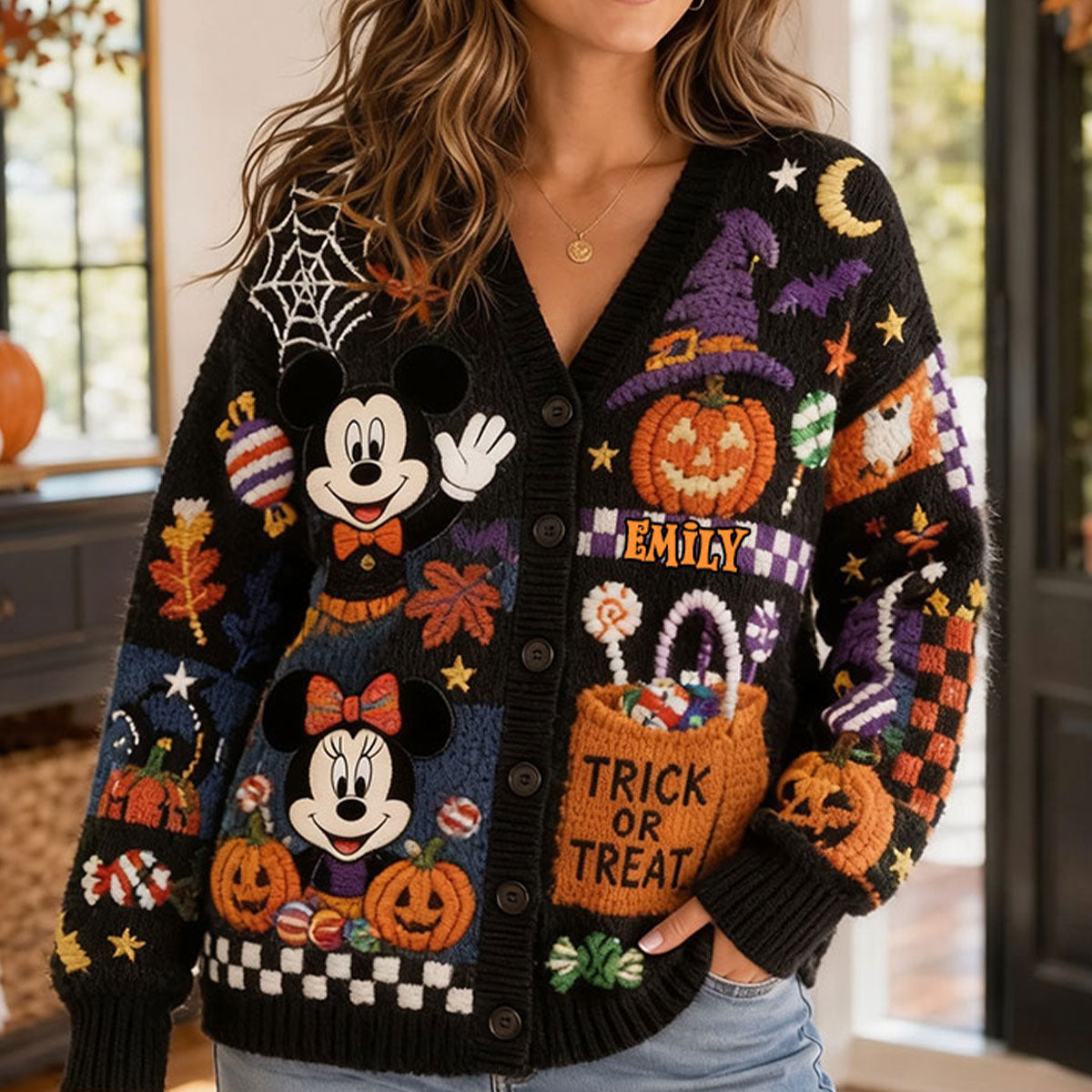 MkMo Magic Mouse Trick Or Treat - Personalized Knitted Cardigan - Halloween Gift For Her NL122 