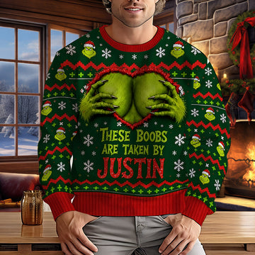 Grch Green Monster Taken By Him Custom Name Christmas Gift For Her - Personalized Ugly Sweatshirt