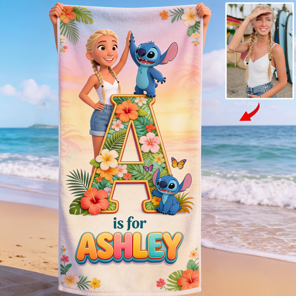 Summer Beach Vacation With Cute Blue Alien - Personalized Custom Photo Beach Towel - Vacation Gift For Movie Fans - Sti BA01