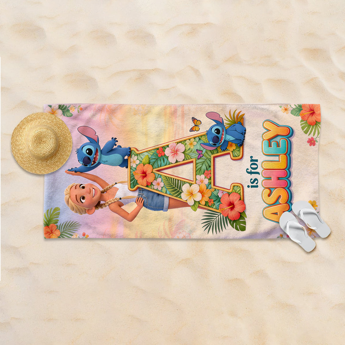 Summer Beach Vacation With Cute Blue Alien - Personalized Custom Photo Beach Towel - Vacation Gift For Movie Fans - Sti BA01