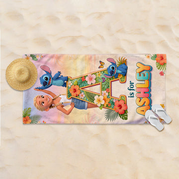 Summer Beach Vacation With Cute Blue Alien - Personalized Custom Photo Beach Towel - Vacation Gift For Movie Fans - Sti BA01