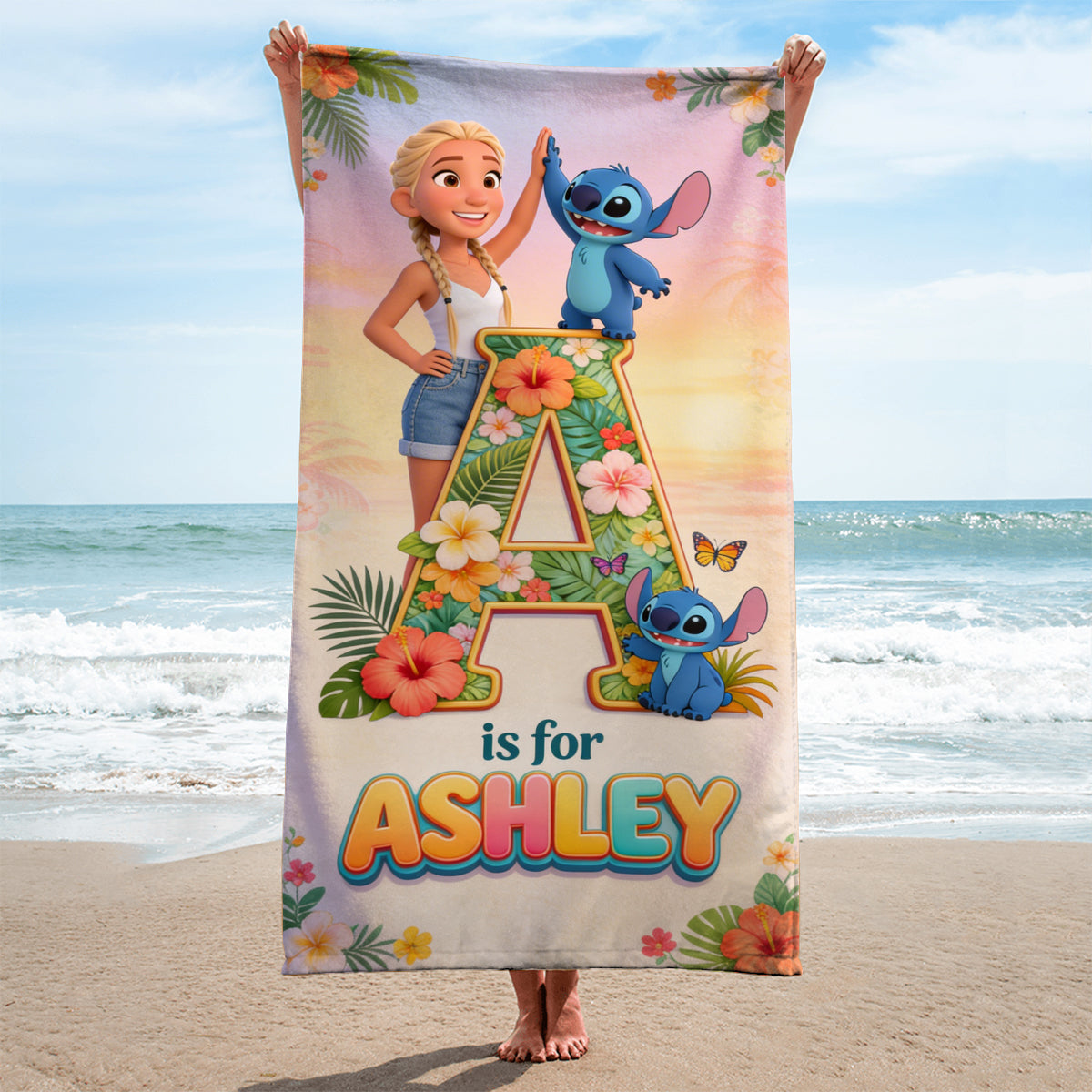 Summer Beach Vacation With Cute Blue Alien - Personalized Custom Photo Beach Towel - Vacation Gift For Movie Fans - Sti BA01