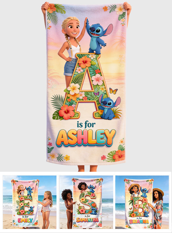 Summer Beach Vacation With Cute Blue Alien - Personalized Custom Photo Beach Towel - Vacation Gift For Movie Fans - Sti BA01