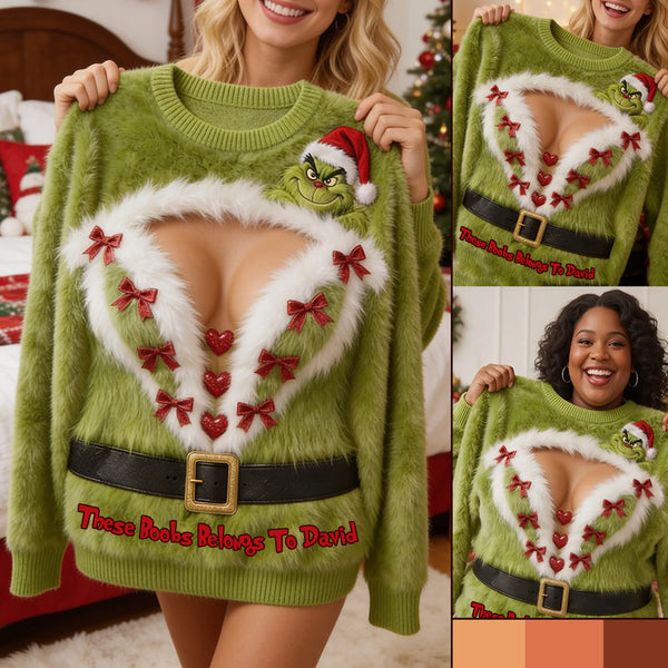 Grch Green Monster This Belongs To Him Custom Name Christmas Gift For Her - Personalized Ugly Sweater