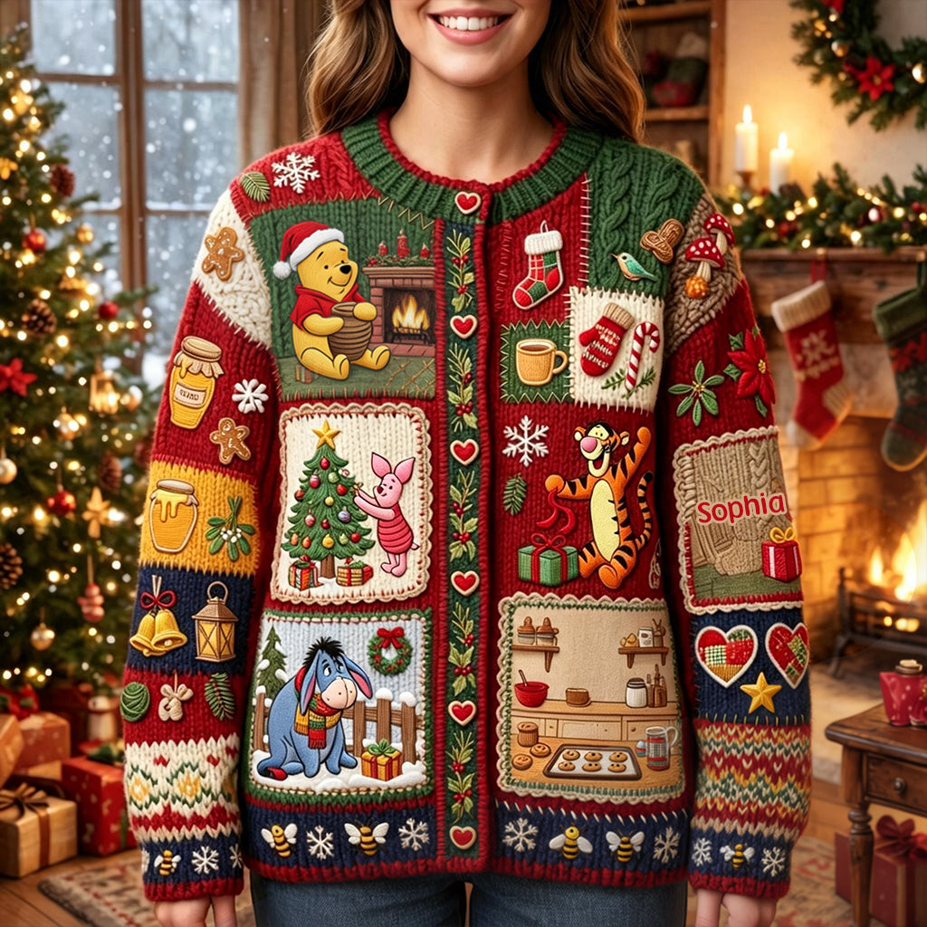 NL122. CT. DSNY Honey Bear Christmas Time - Personalized Knitted Cardigan - Chrismas Gift For Her, Movie Fans