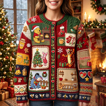 NL122. CT. DSNY Honey Bear Christmas Time - Personalized Knitted Cardigan - Chrismas Gift For Her, Movie Fans