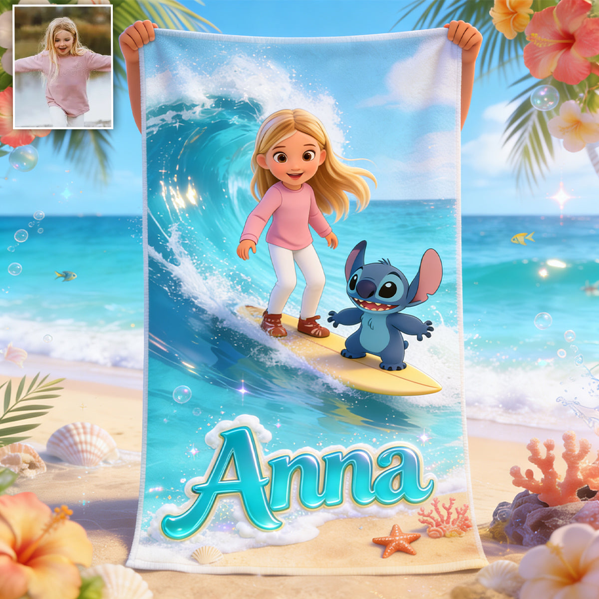 Summer Surfing Vacation With Cute Blue Alien - Personalized Custom Photo Beach Towel - Vacation Gift For Movie Fans - Sti BA01