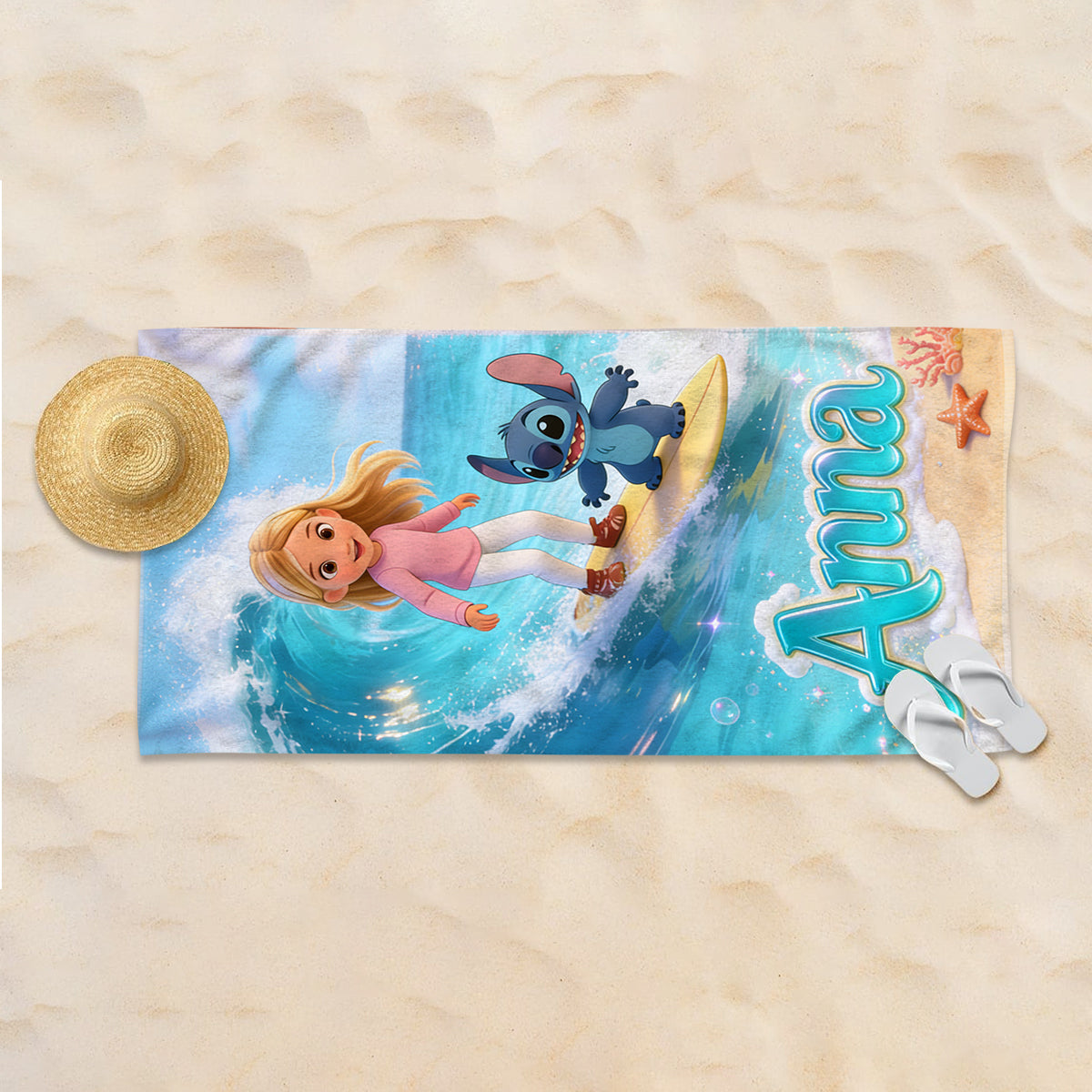 Summer Surfing Vacation With Cute Blue Alien - Personalized Custom Photo Beach Towel - Vacation Gift For Movie Fans - Sti BA01