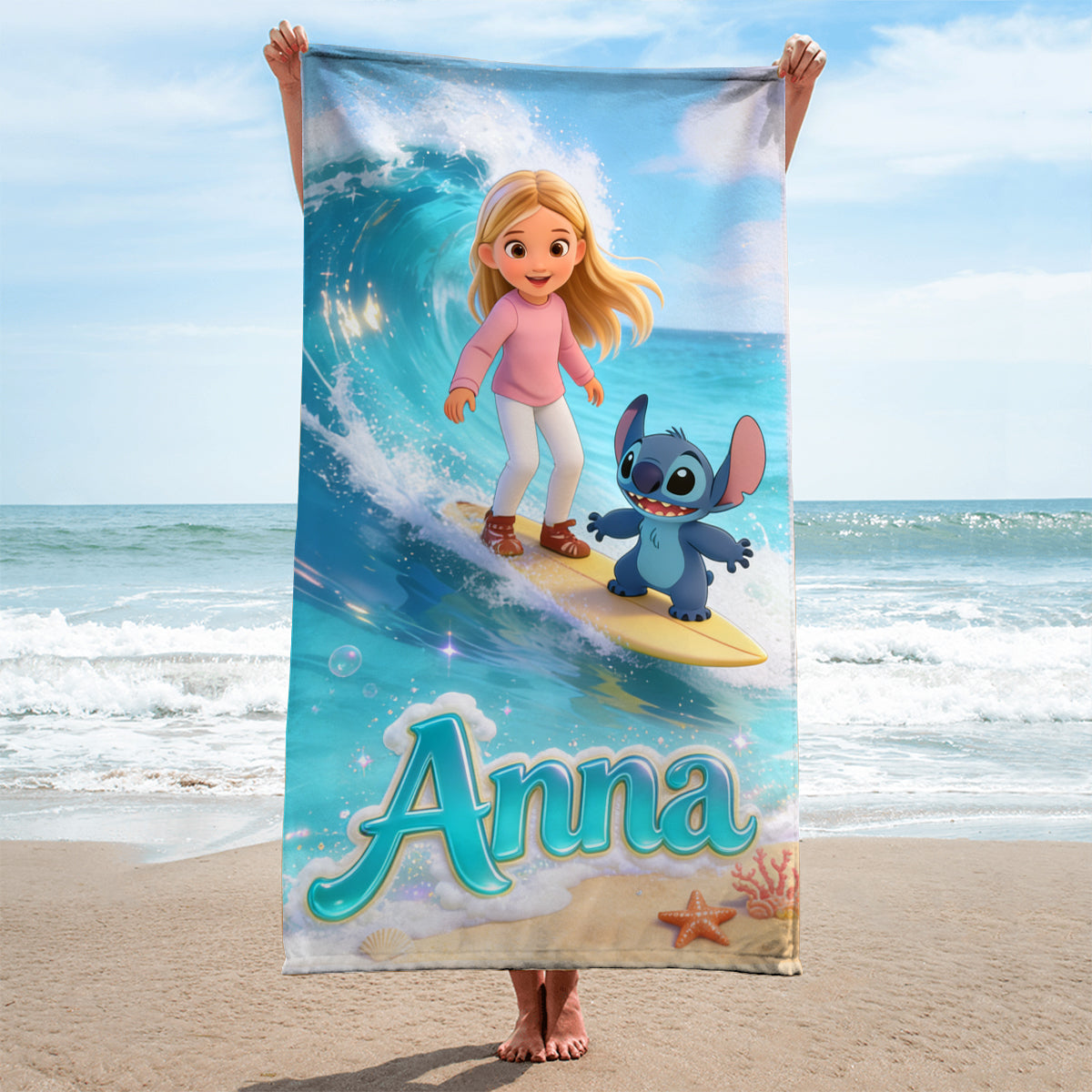 Summer Surfing Vacation With Cute Blue Alien - Personalized Custom Photo Beach Towel - Vacation Gift For Movie Fans - Sti BA01