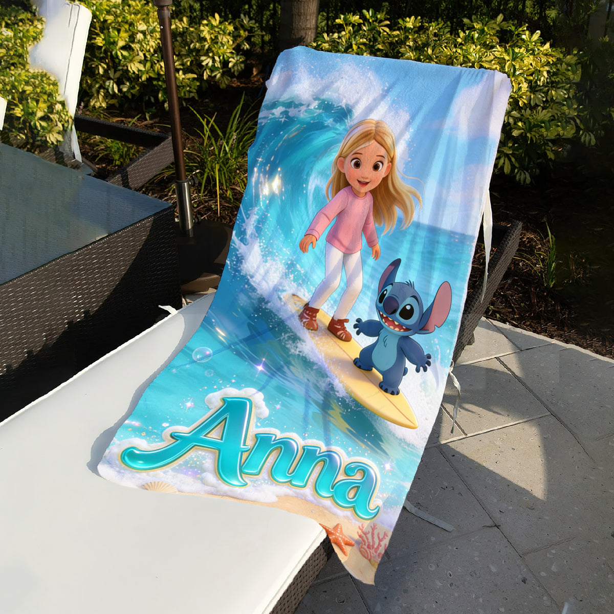 Summer Surfing Vacation With Cute Blue Alien - Personalized Custom Photo Beach Towel - Vacation Gift For Movie Fans - Sti BA01
