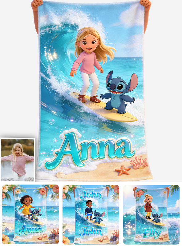 Summer Surfing Vacation With Cute Blue Alien - Personalized Custom Photo Beach Towel - Vacation Gift For Movie Fans - Sti BA01