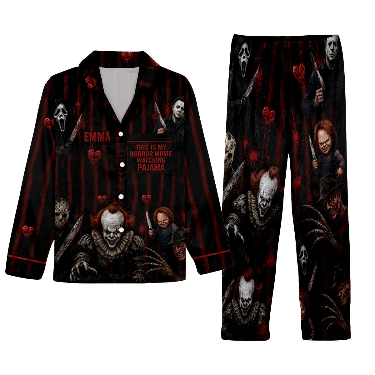 Horror Movie Watching - Personalized Pajama Set - Halloween Gift For Her PC02