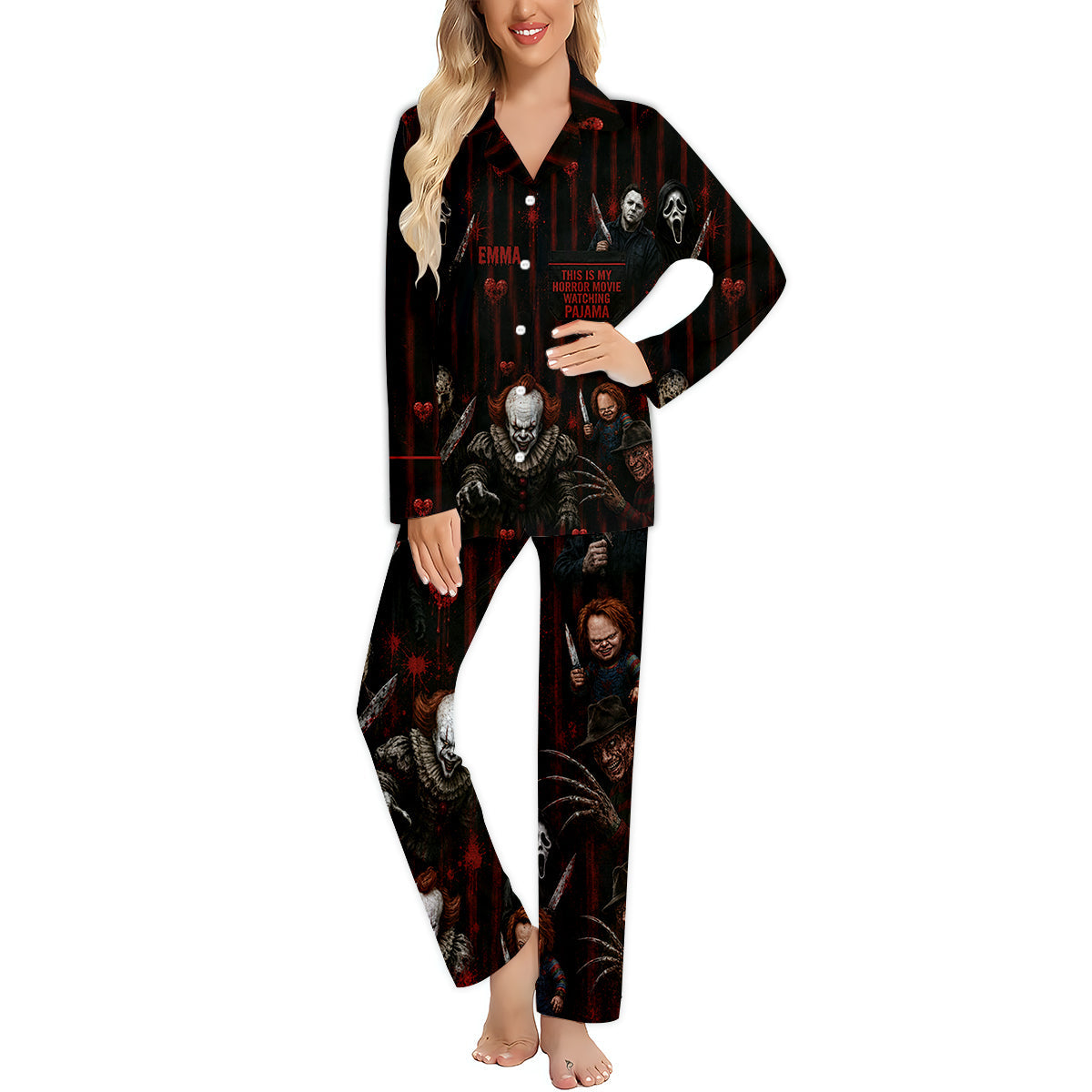 Horror Movie Watching - Personalized Pajama Set - Halloween Gift For Her PC02