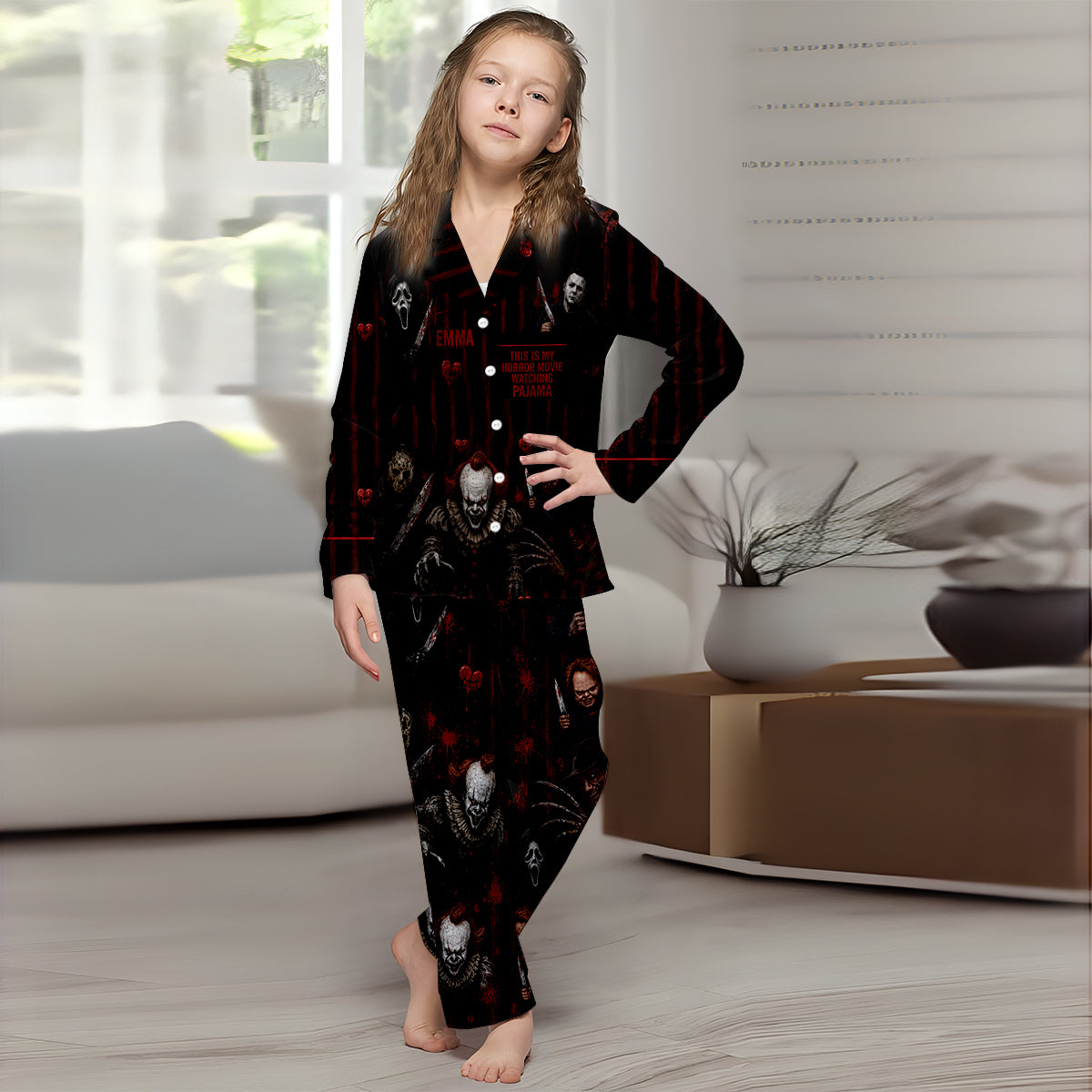 Horror Movie Watching - Personalized Pajama Set - Halloween Gift For Her PC02