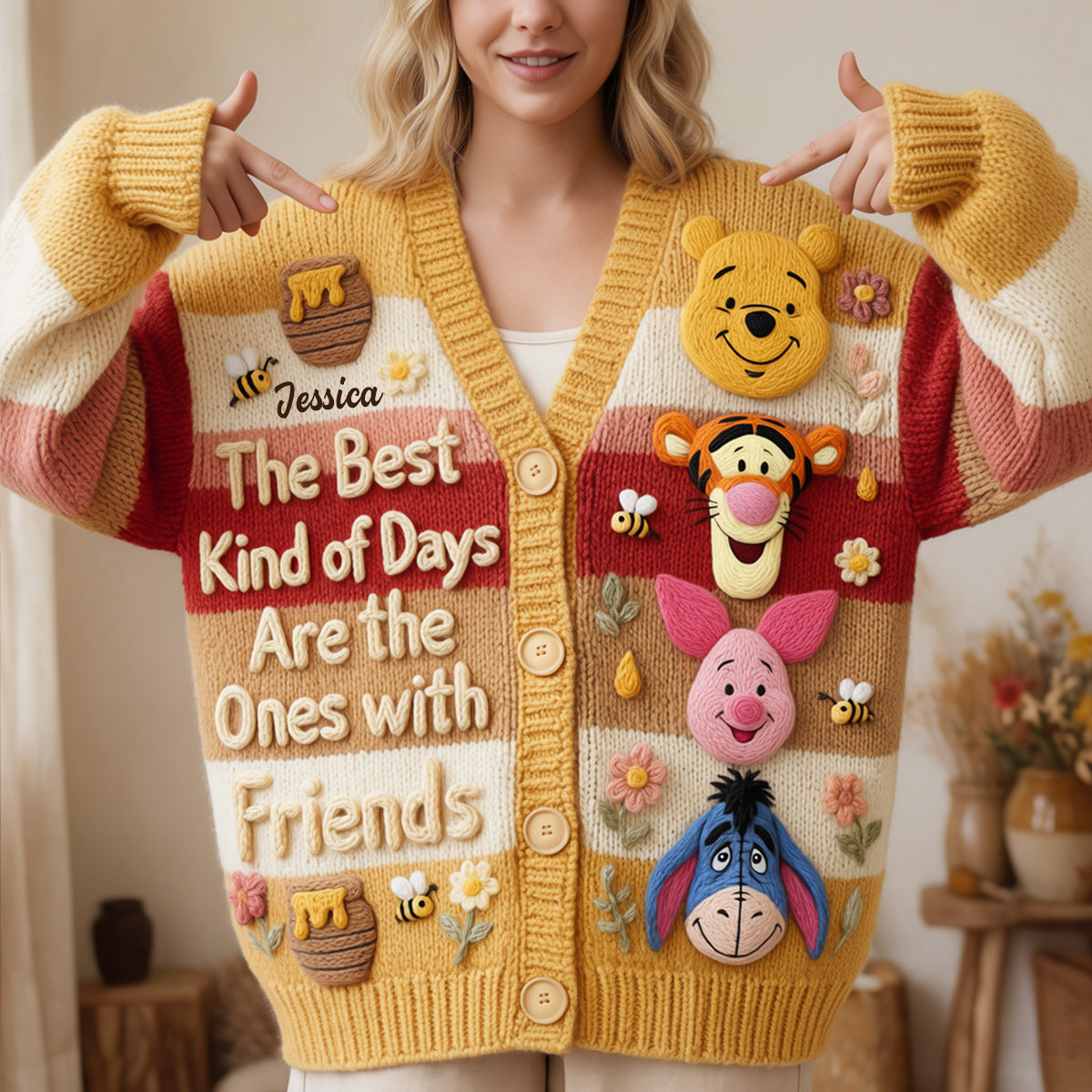 DSNY Honey Bear And Friends Custom Name Gift For Her - Personalized Knitted Cardigan NL122