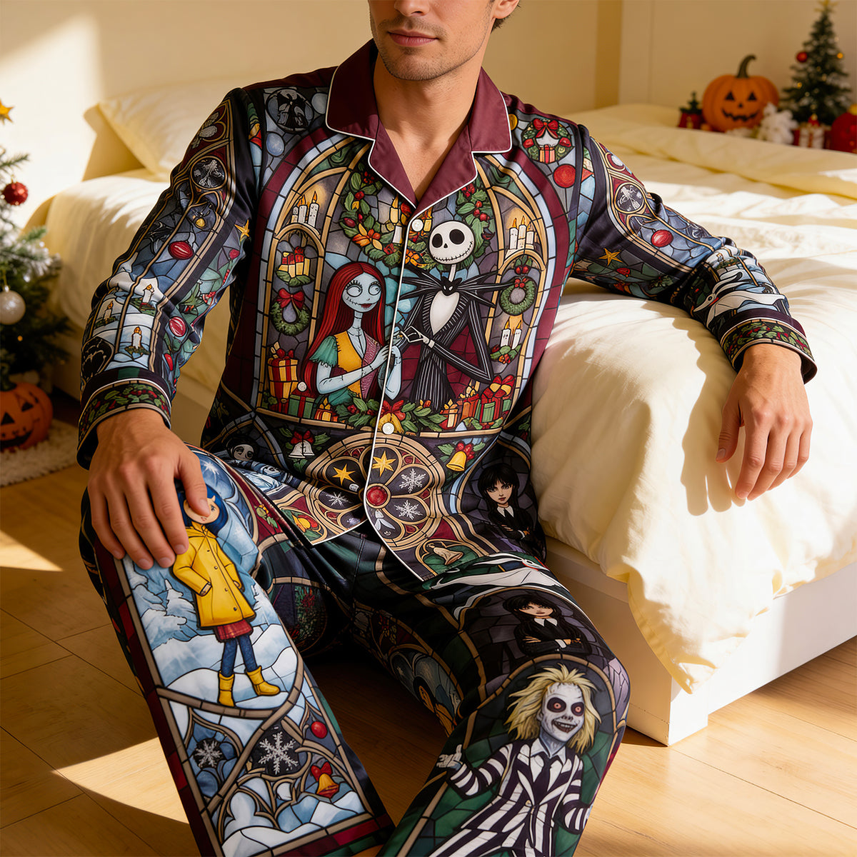"Embrace the Spookiness!" - Personalized Spooky Pajama Set for Halloween - A Unique Gift for Friends and Family Pajama Set PopCulturePrints