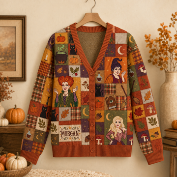Three Witch Sisters Patchwork Halloween, Black Cat Pumpkin Fall Style - Personalized Cardigan-DN0909261500