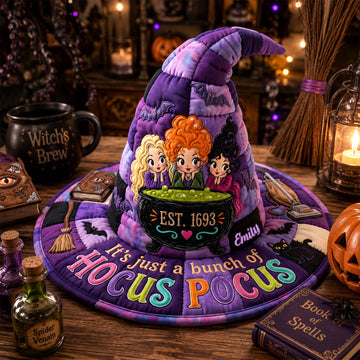 Three Witch Sisters Cauldron Halloween Costume, Purple Spooky Party - Personalized Quilted Witch Hat LA02