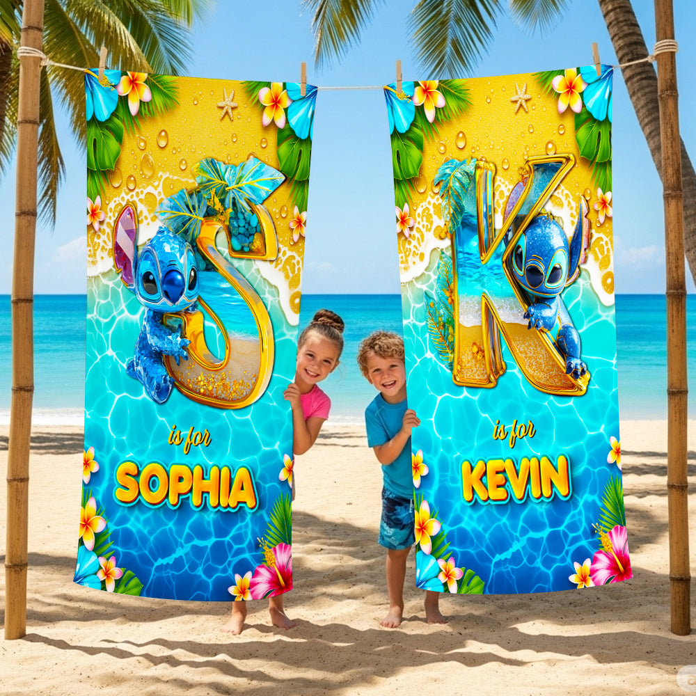 Tropical Beach Vacation With Cute Blue Alien - Personalized Beach Towel - Vacation Gift For Movie Fans - Sti BA01