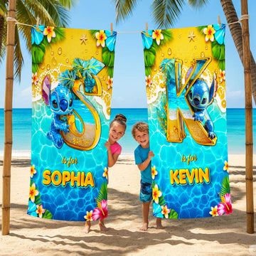 Tropical Beach Vacation With Cute Blue Alien - Personalized Beach Towel - Vacation Gift For Movie Fans - Sti BA01