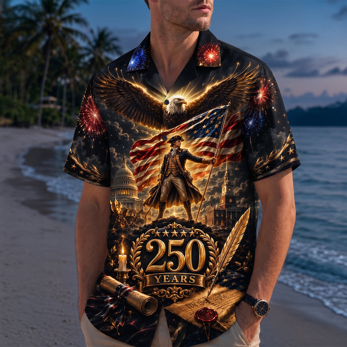 USA 250 Years George Washington Bald Eagle - Personalized Hawaiian Shirt - Gift For Him