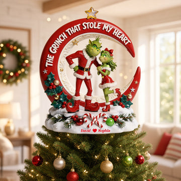 Grch Green Monster Stole My Heart - Personalized LED Light Tree Topper - Christmas Gift For Couple, Family