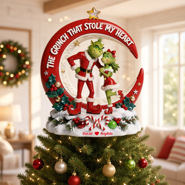 Grch Green Monster Stole My Heart - Personalized LED Light Tree Topper - Christmas Gift For Couple, Family