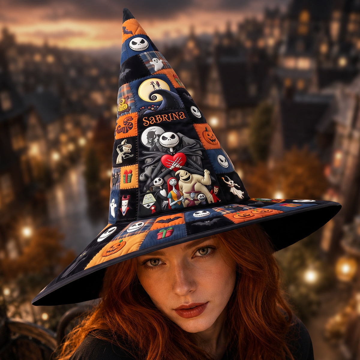 Spooky Haunted Pumpkin Town Custom Name Gift For Her - Personalized Halloween Quilted Witch Hat NL122
