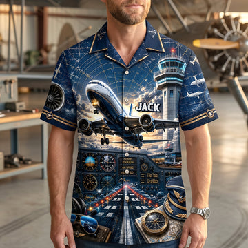 Aviation Pilot Control Tower Runway Cockpit - Personalized Hawaiian Shirt - Gift For Him