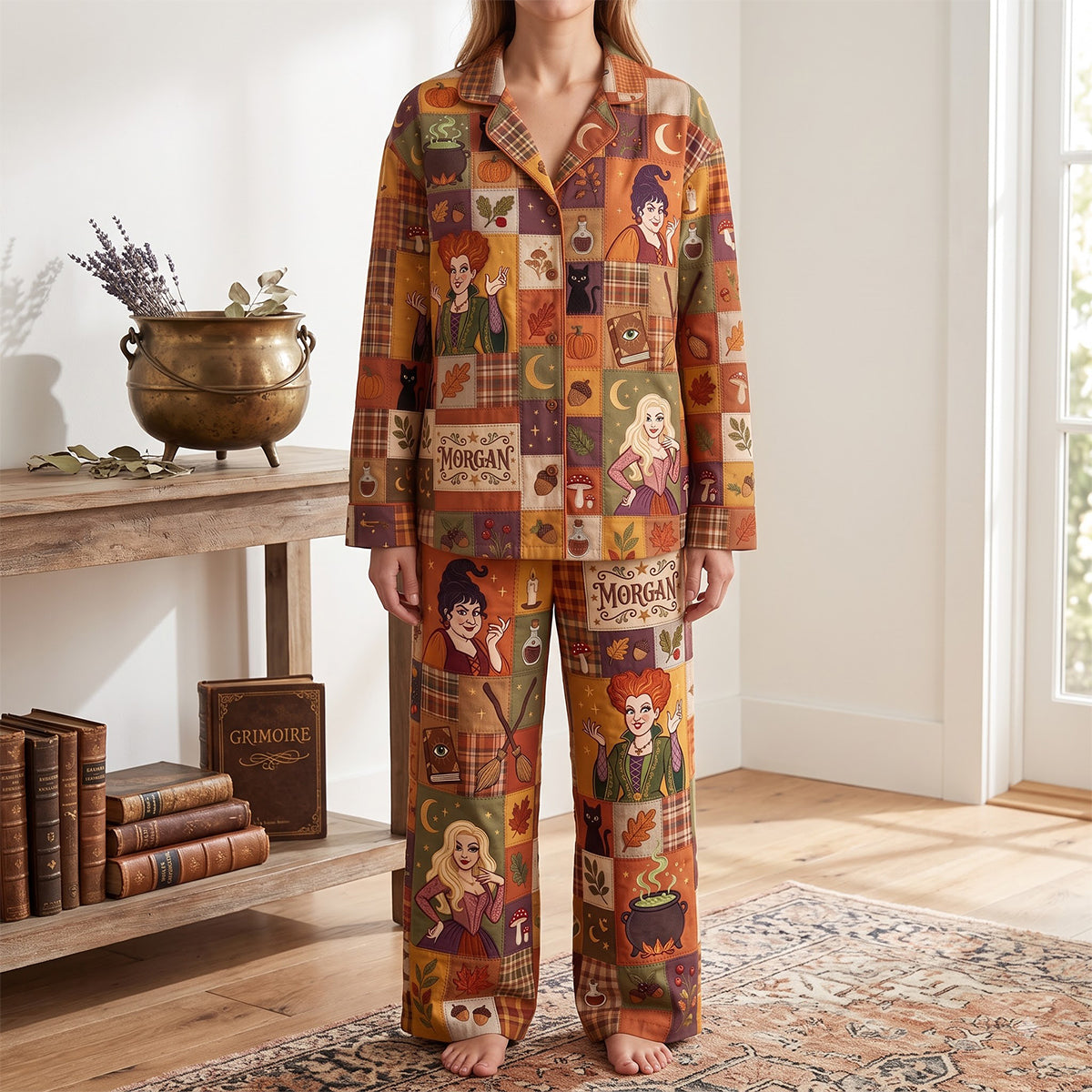 Three Witches Patchwork Style Custom Name Halloween Gift - Personalized Pajama For Adult, Kid HH01