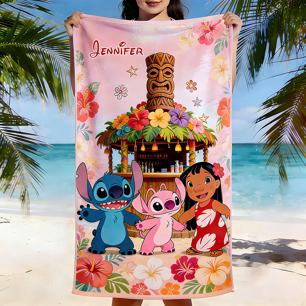 Summer Beach Vacation With Cute Aliens - Personalized Beach Towel - Vacation Gift For Movie Fans - Sti