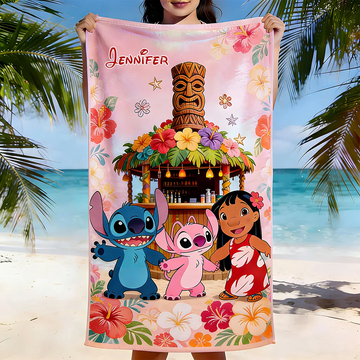 Summer Beach Vacation With Cute Aliens - Personalized Beach Towel - Vacation Gift For Movie Fans - Sti