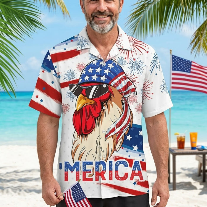 Merica Rooster American Flag Patriotic USA Chicken - Personalized Hawaiian Shirt - Gift For Farmer, Patriots