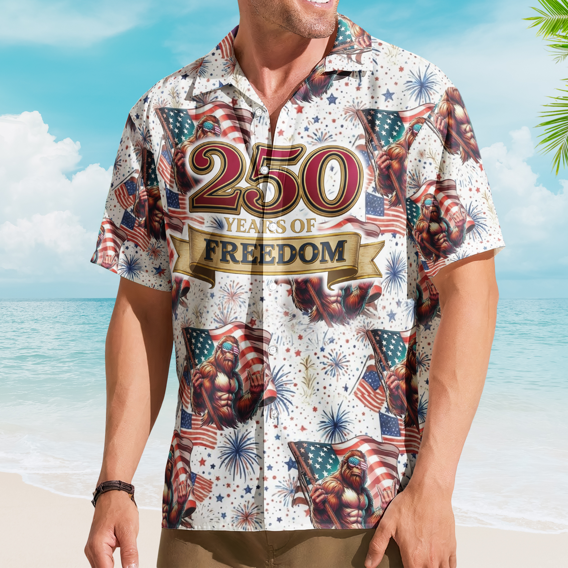 America 250 Years Of Freedom Firework Bigfoot - Personalized Hawaiian Shirt - Gift For Men, Patriots