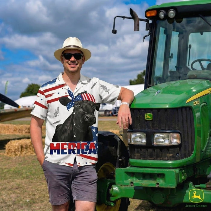 Patriotic Black Angus American Flag - Personalized Hawaiian Shirt - Gift For Patriotic Farmers