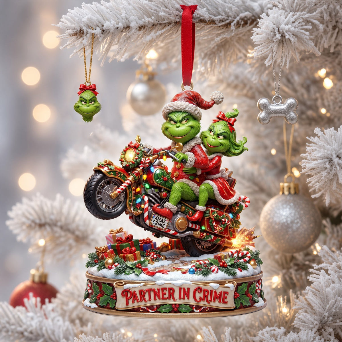“Partners in Crime: Celebrate Love on Two Wheels” - Monster Riding Couple Ornament, Personalized Gift for Couples Ornament PopCulturePrints