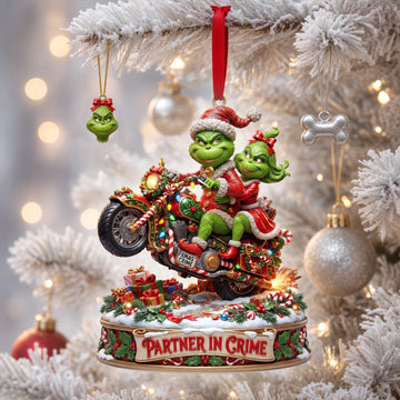 “Partners in Crime: Celebrate Love on Two Wheels” - Monster Riding Couple Ornament, Personalized Gift for Couples Ornament PopCulturePrints