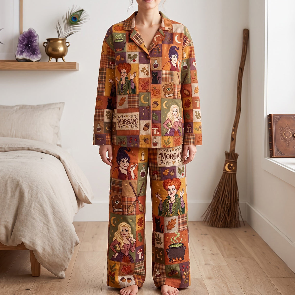 Three Witches Patchwork Style Custom Name Halloween Gift - Personalized Pajama For Adult, Kid HH01
