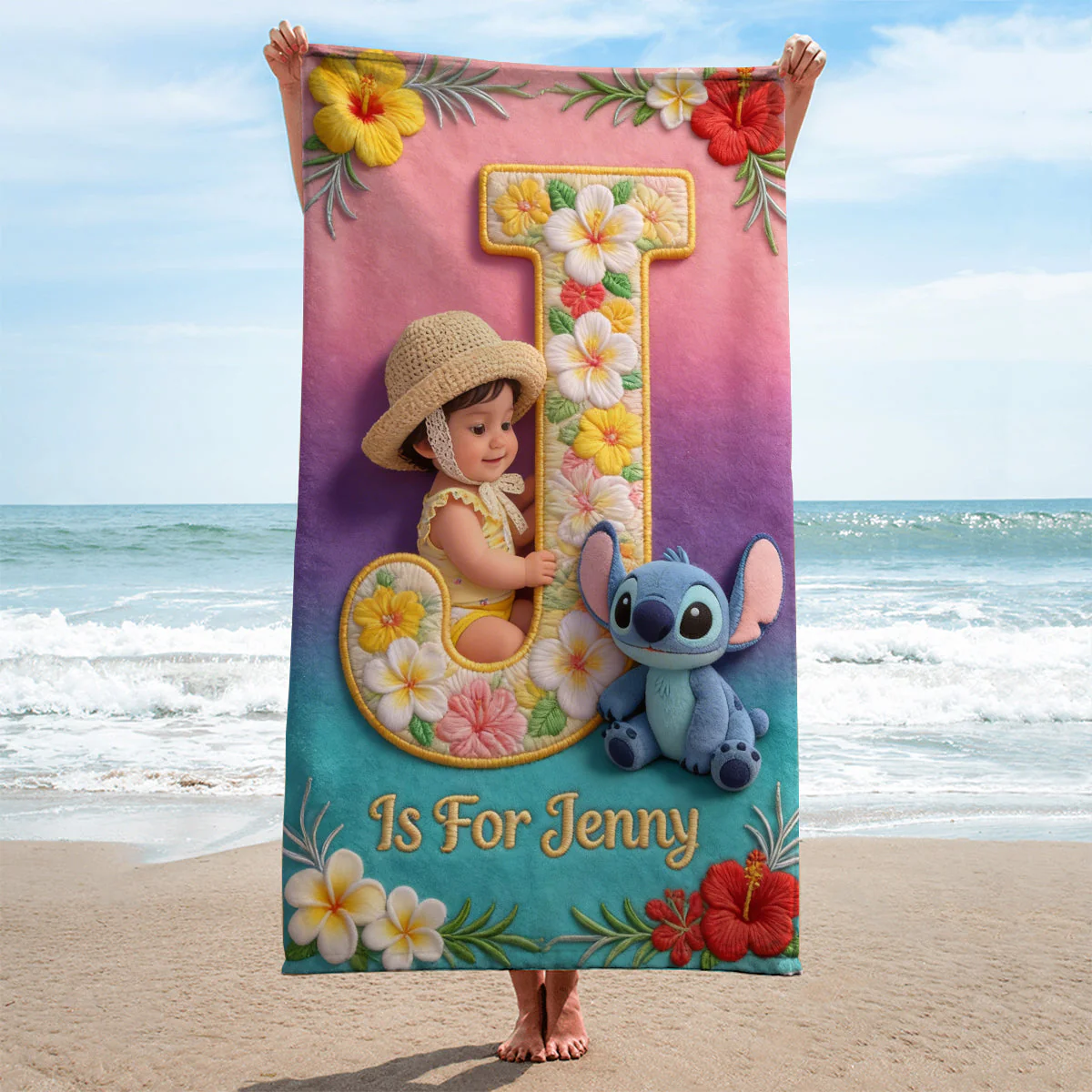 Summer Beach Vacation With Cute Aliens And Little Kid - Personalized Custom Photo Beach Towel - Vacation Gift For Movie Fans - Sti