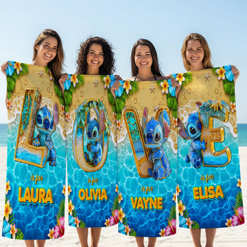 Tropical Beach Vacation With Cute Blue Alien - Personalized Beach Towel - Vacation Gift For Movie Fans - Sti BA01