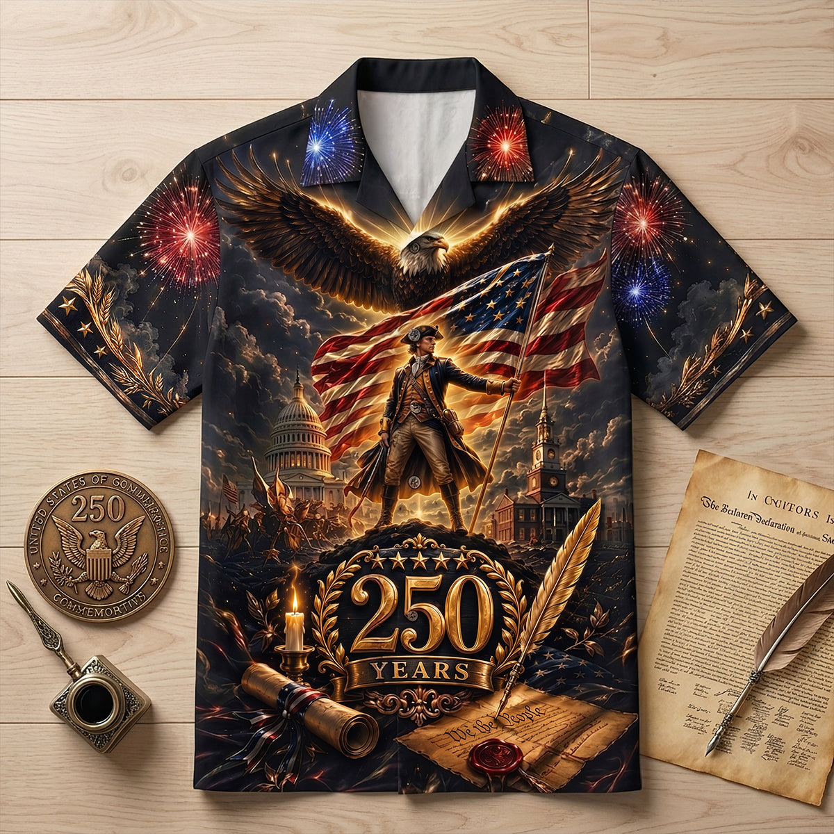 USA 250 Years George Washington Bald Eagle - Personalized Hawaiian Shirt - Gift For Him