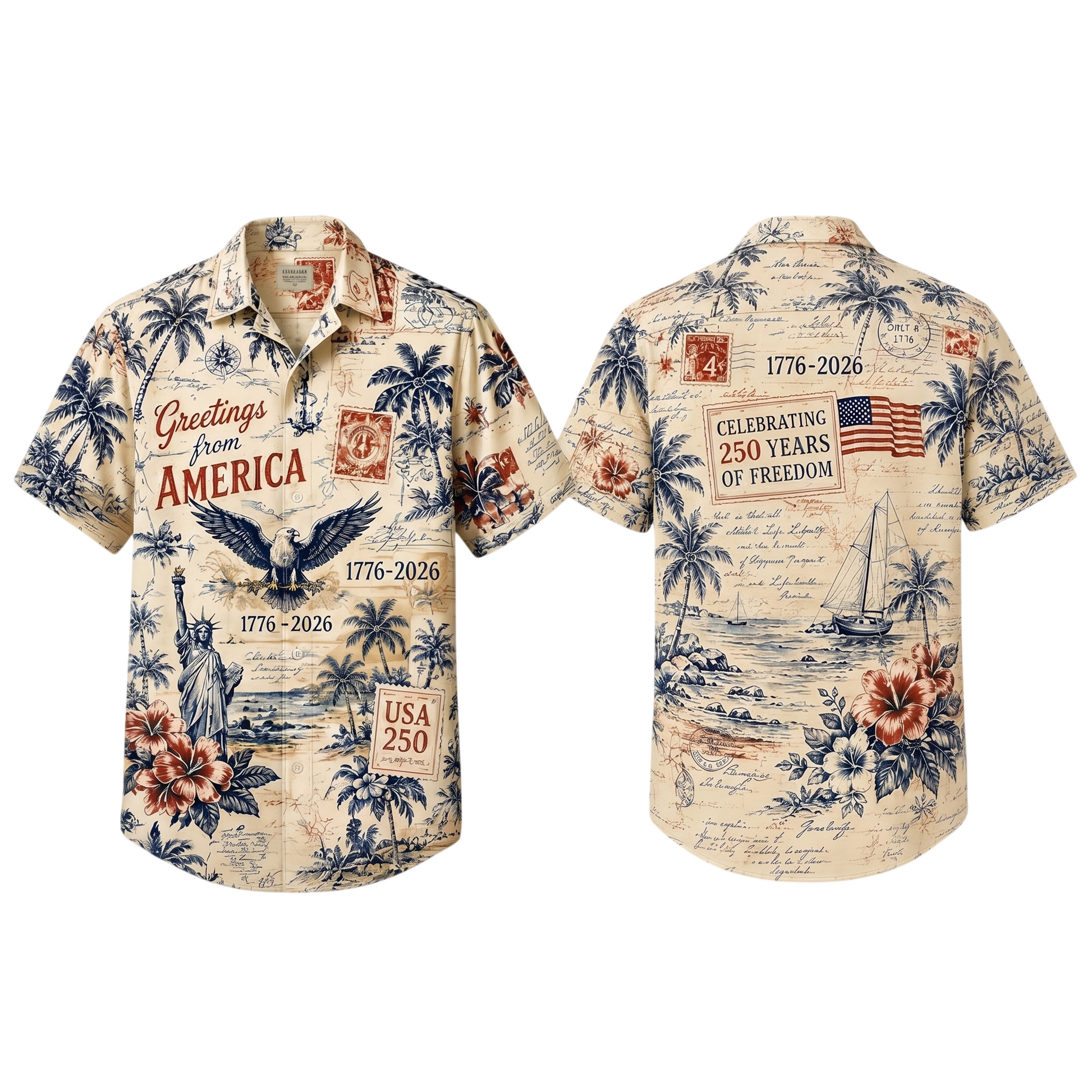 Vintage Greetings From America Hawaiian Shirt, USA 250th Anniversary AOP Hawaii Shirt 685263 - image 3