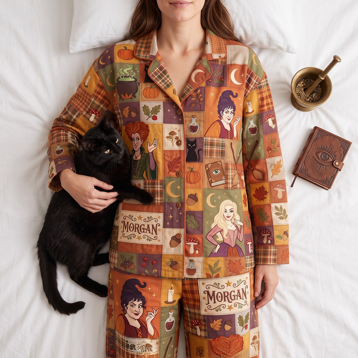 Three Witches Patchwork Style Custom Name Halloween Gift - Personalized Pajama For Adult, Kid HH01