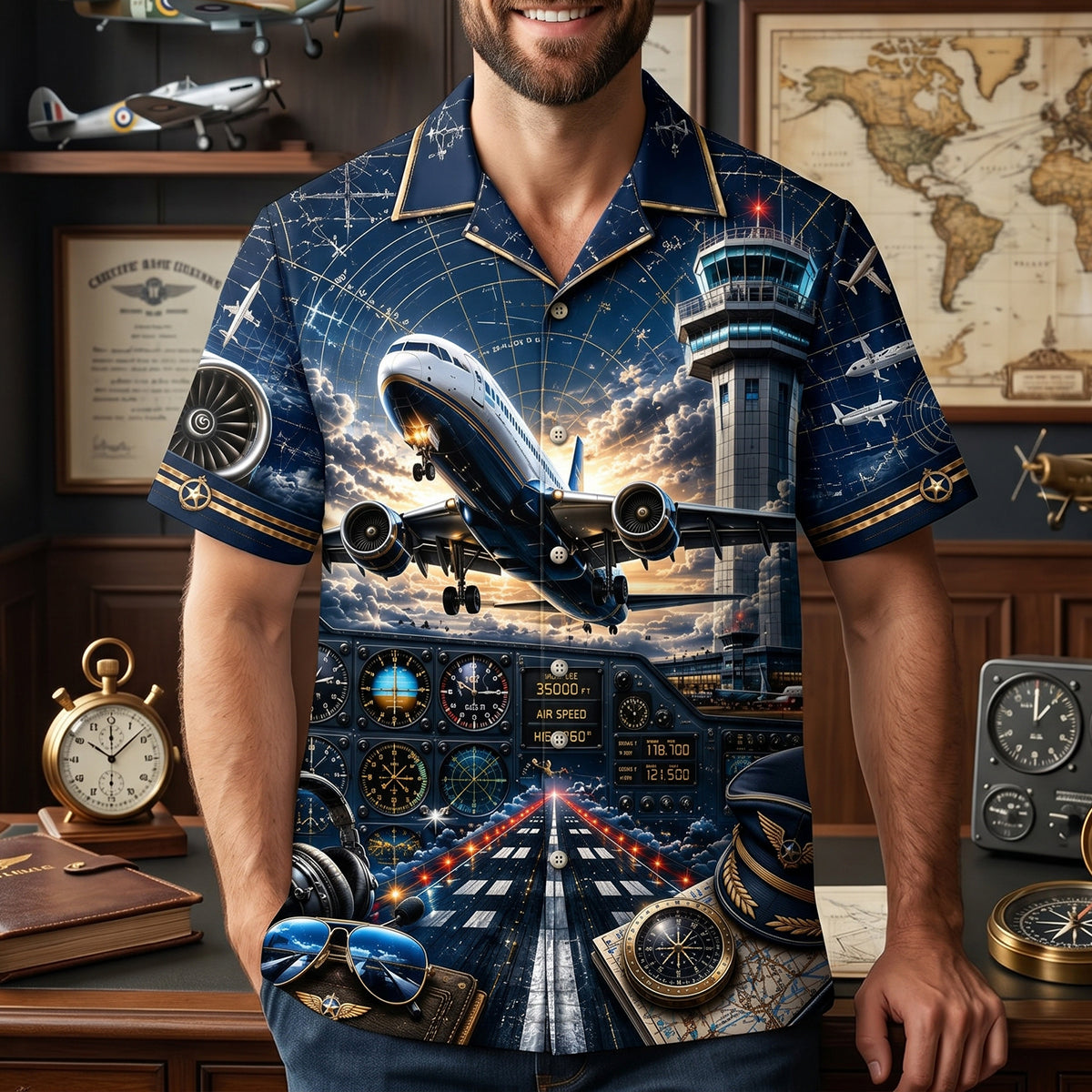 Aviation Pilot Control Tower Runway Cockpit - Personalized Hawaiian Shirt - Gift For Him