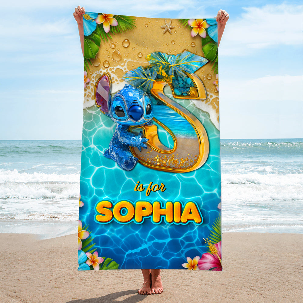 Tropical Beach Vacation With Cute Blue Alien - Personalized Beach Towel - Vacation Gift For Movie Fans - Sti BA01